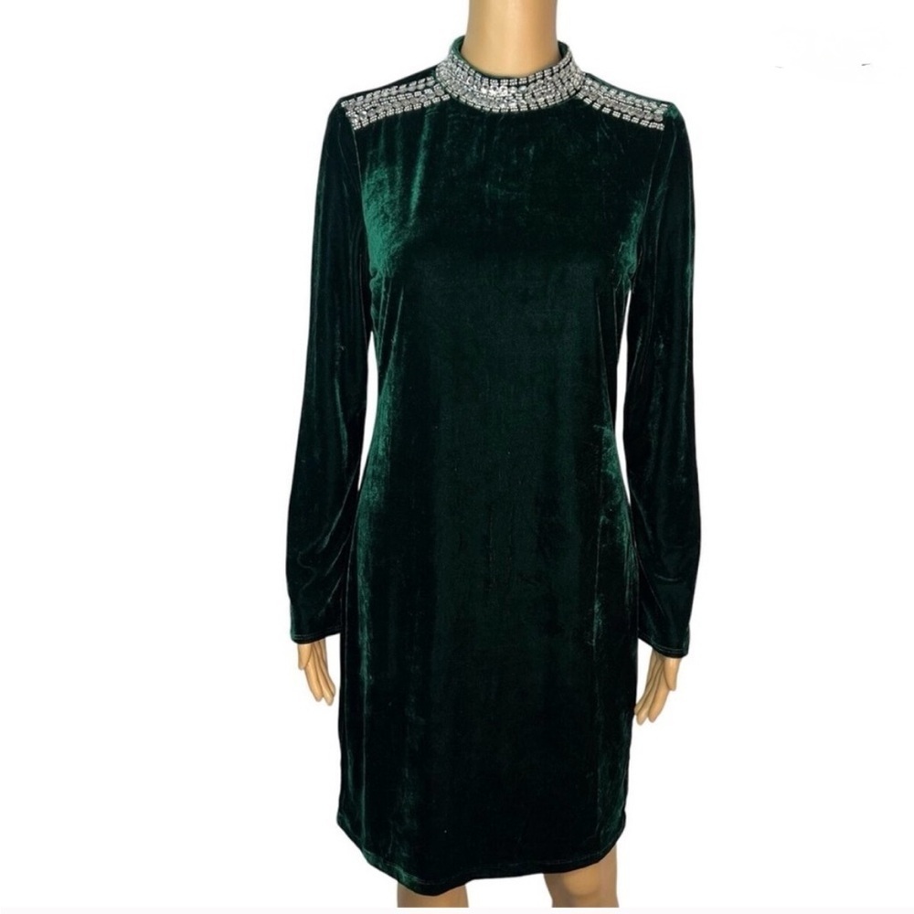 NWT ✨ Elie Tahari Green Velvet Mini Dress with Crystal Embellishments